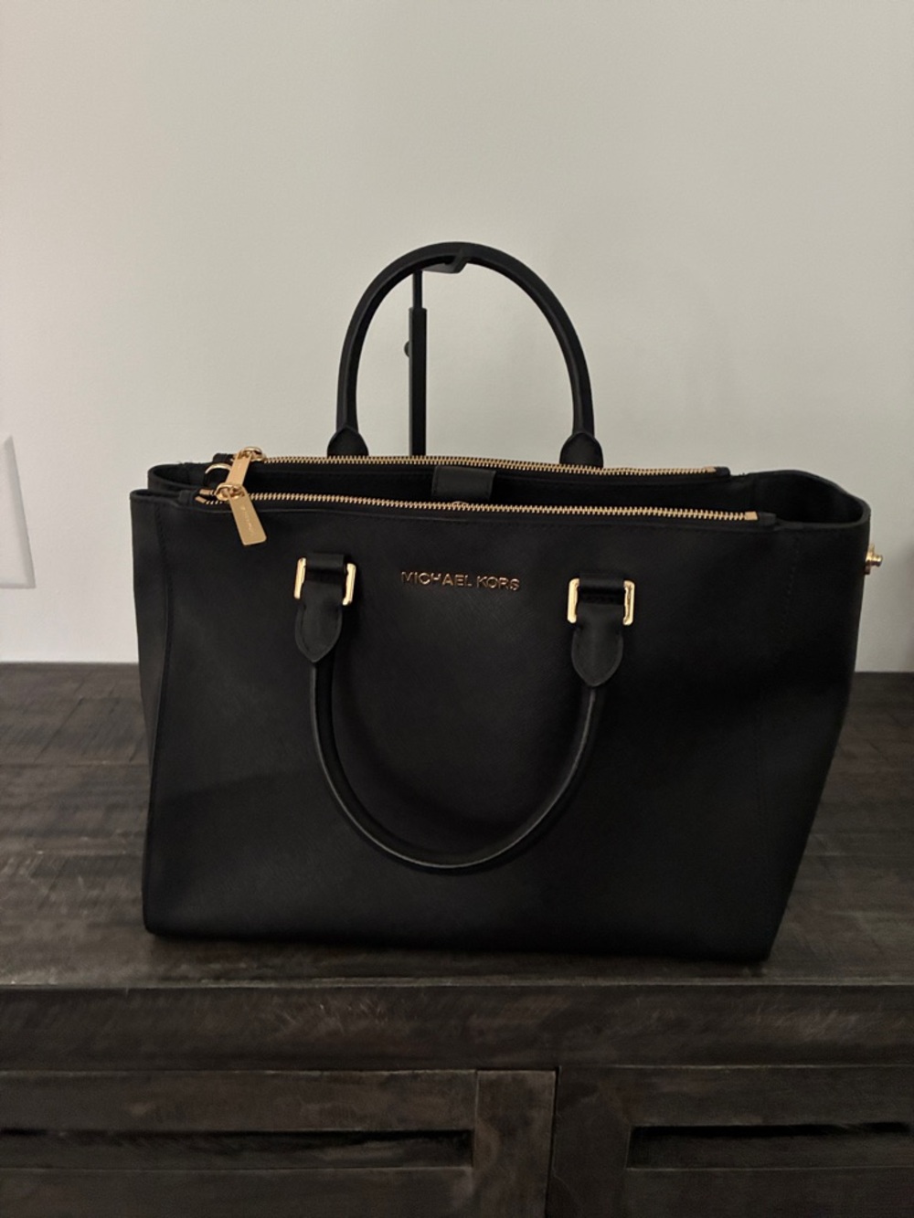 Michael Kors Black Leather Tote with Gold Hardware